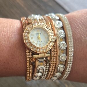 Gold and Silver Rhinestone Watch Bracelet